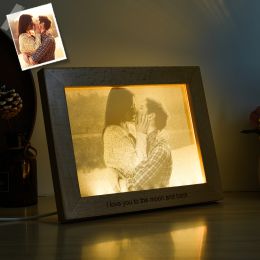 Custom Wooden Photo Frame LED Lamp Gift For Love - Horizontal